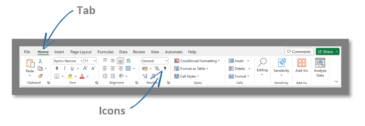 Excel screenshot showing the 'Ribbon' - the menu at the top of the Excel screen.
