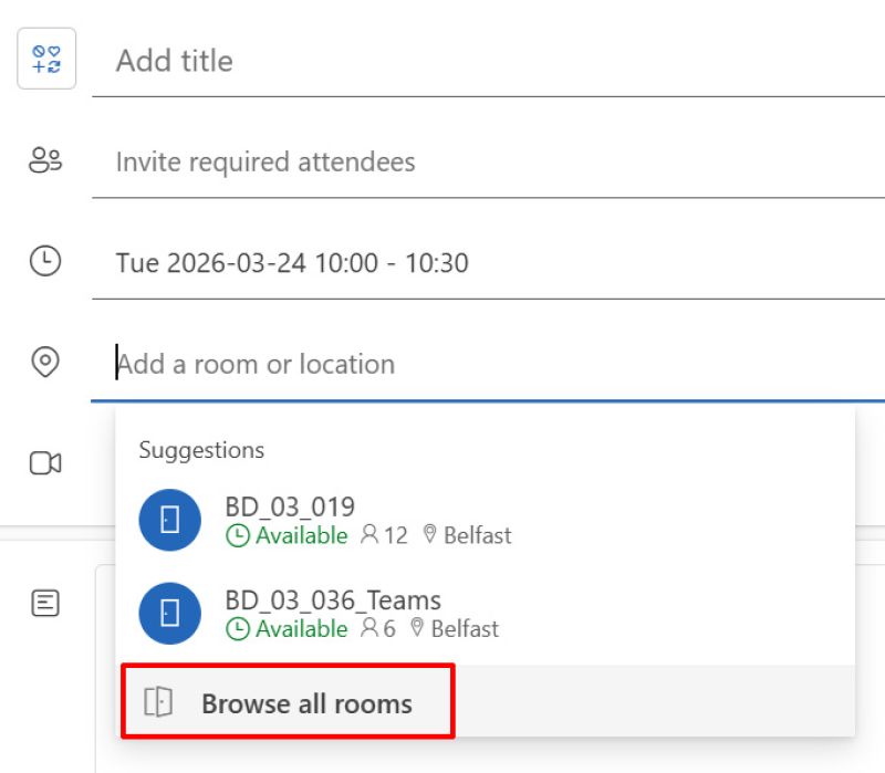 Screenshot of an Outlook meeting invitation showing room suggestions and an option highlighted to ‘Browse all rooms’.