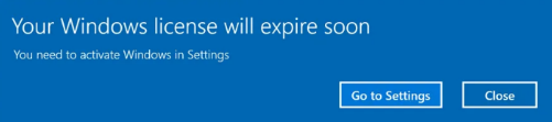 Windows licence expiry message