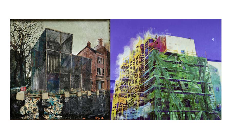 Two painting beside each other of Buildings