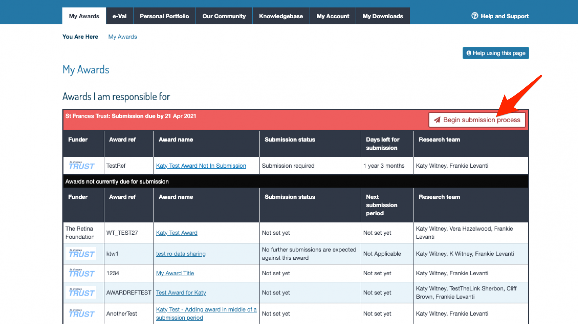 Button showing the location of the 'Begin submission process' button