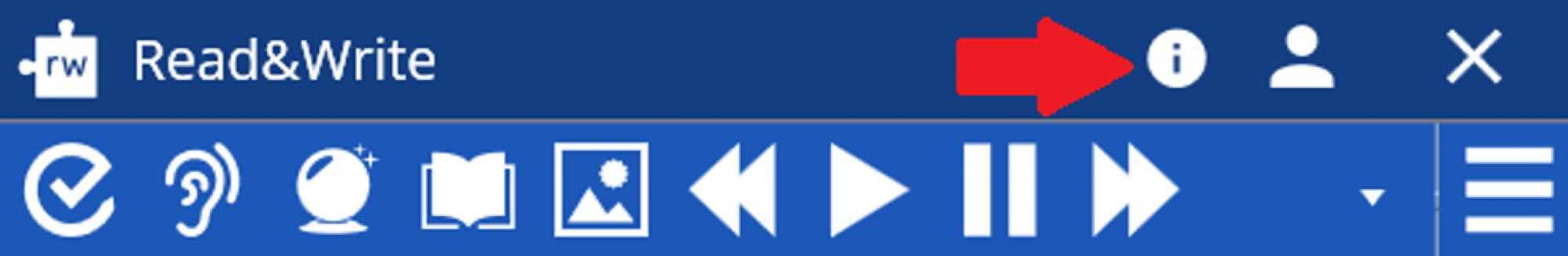 A screenshot of the Read&Write toolbar. The toolbar is blue with various icons. There is a red arrow pointing to an information icon near the top right corner.