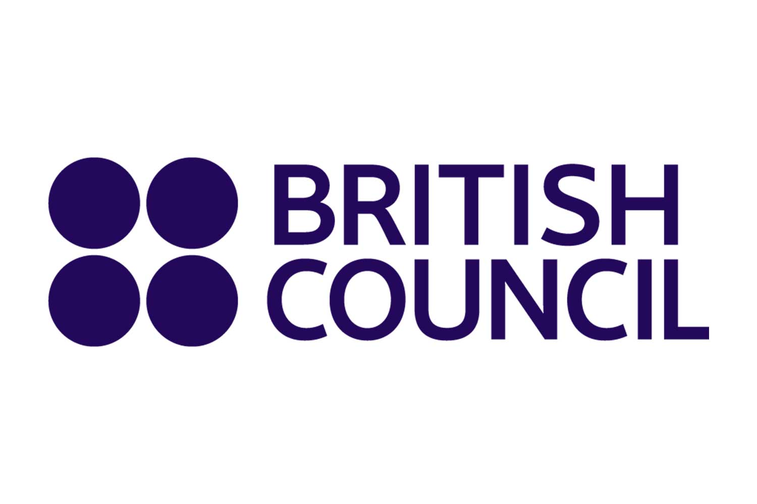 A logo in plain font, indigo in colour featuring British Council in text and four circles in square formation.