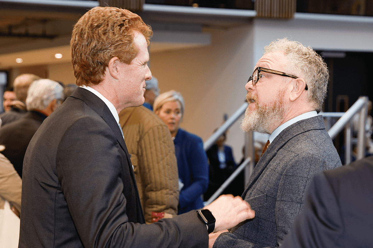 Joe Kennedy III chats to Ulster University Chancellor Colin Davidson at the US Business Delegation visit to Belfast campus.png