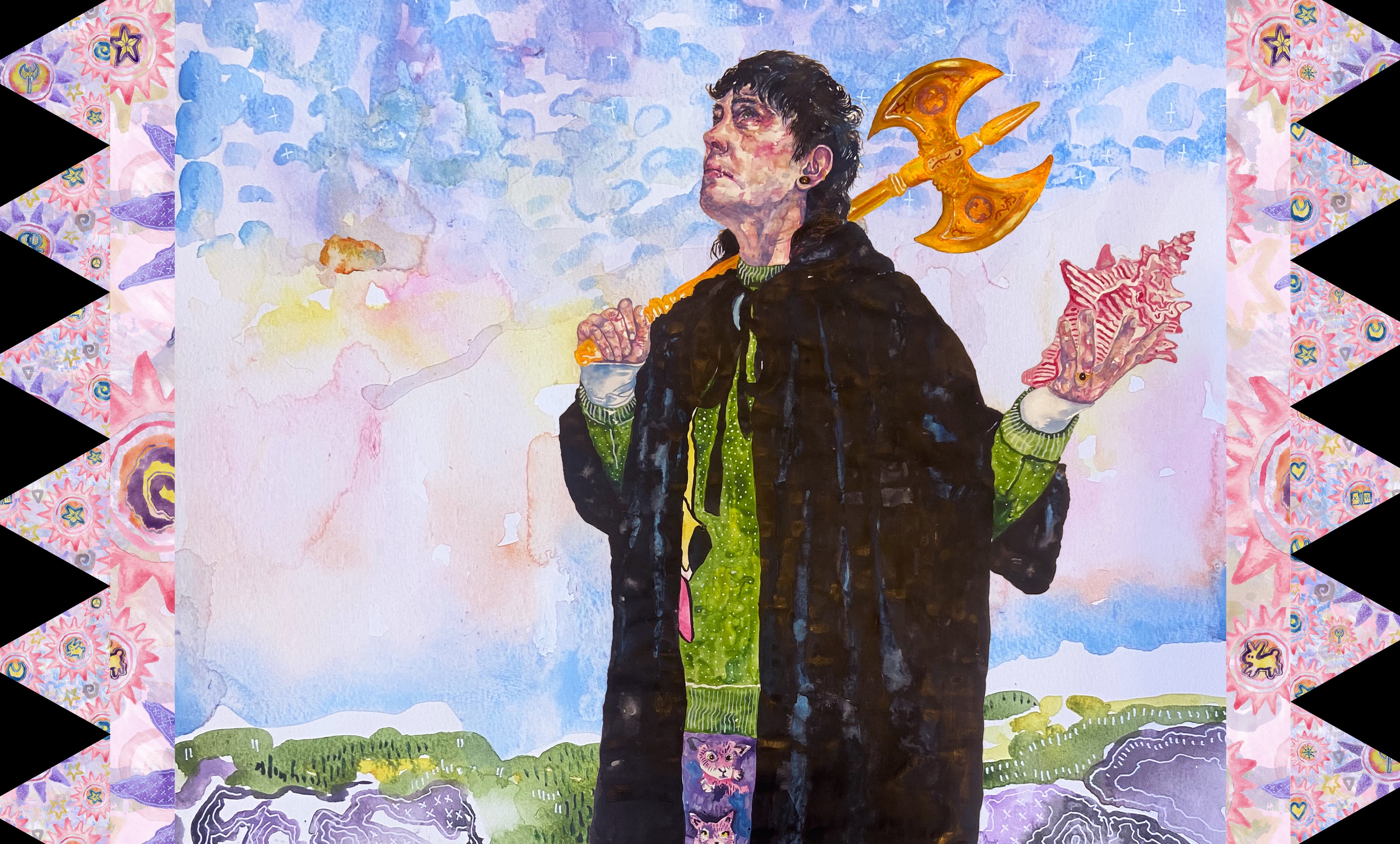 A hand-stitched textile in the style of a tarot card represents The Fool