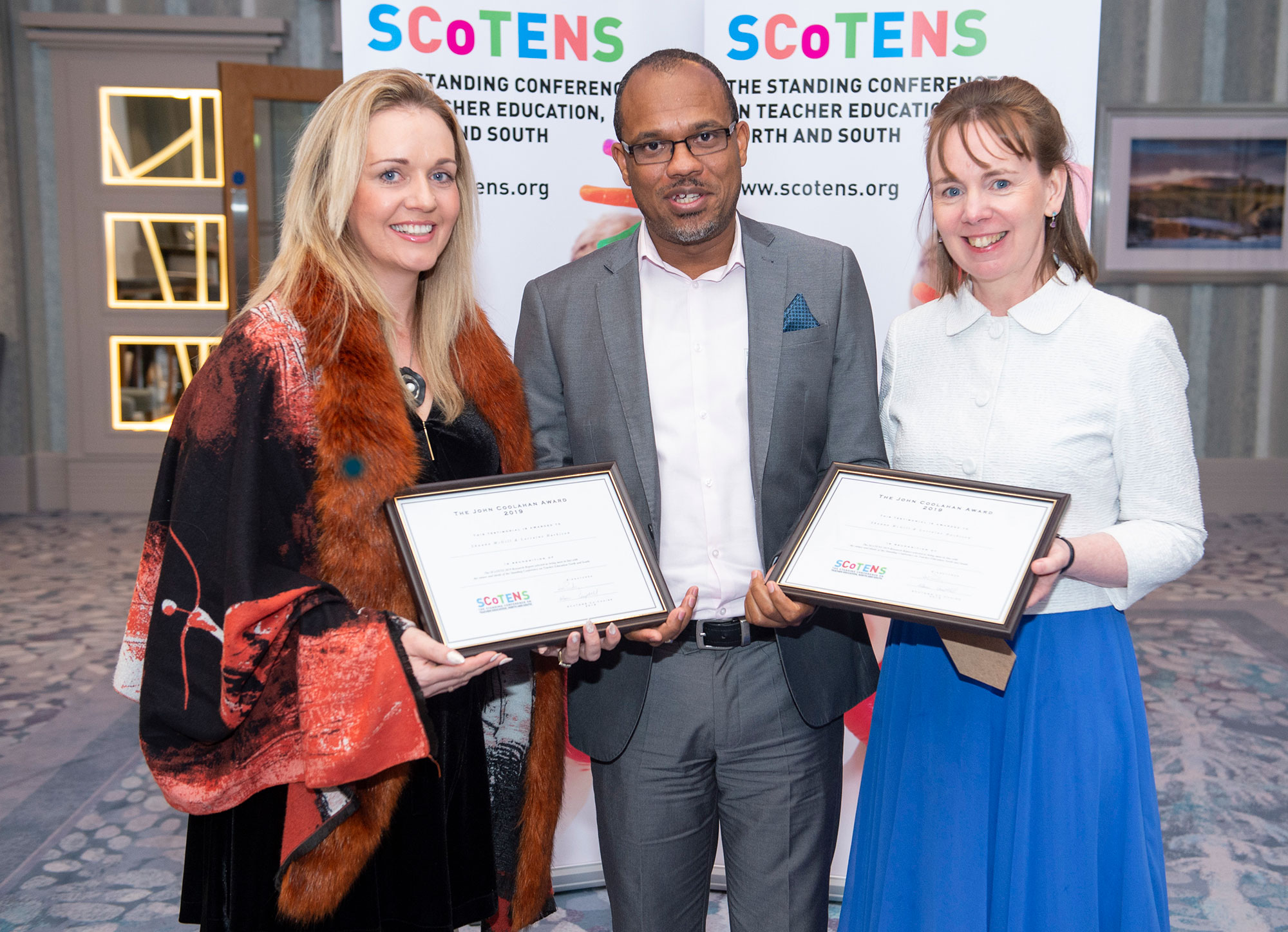 Shauna McGill, Course Leaders for PGCE Primary at Ulster University’s School of Education is pictured receiving the John Collahan Award alongside Lorraine Harrison, from Dublin City University, for their research report on ‘Universal Design for Learning as a Context for embedding Technology in Primary School’, the award was presented by Professor Paul W. Miller Head of the School of Education, and Professor of Educational Leadership & Social Justice, University of  Greenwich.  