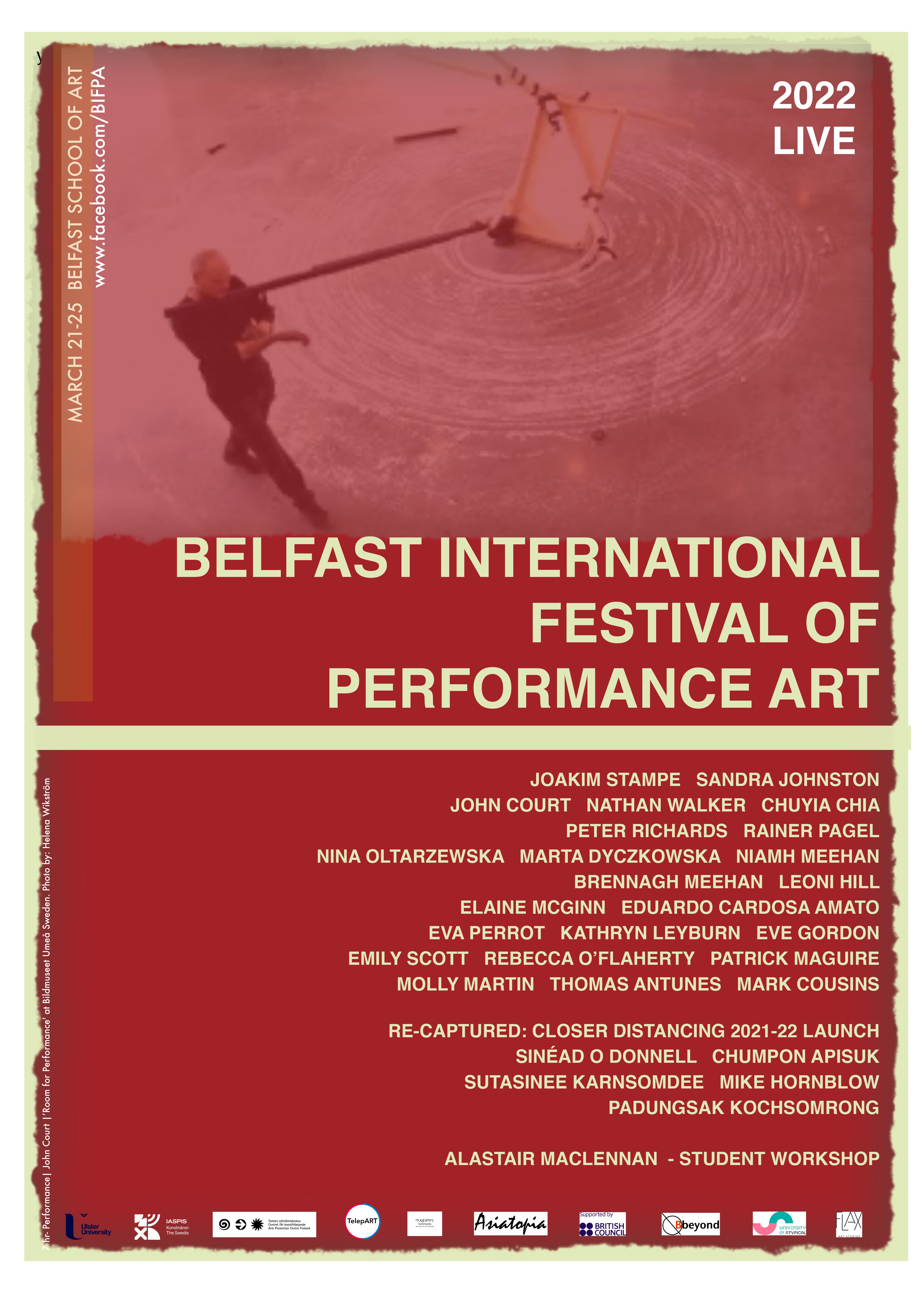 A poster promoting the Belfast International Festival of Performance Art 2022 featuring a human figure dressed in black walking over chalky ground while carrying various objects, below which there is text identifying the artists participating in the festival