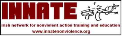 Logo for INNATE (Irish Network for Nonviolent Action Training and Education) featuring bold red uppercase text 'INNATE' and a black and white illustration of broken guns transforming into a butterfly. Below, the organization's full name and website 'www.innatenonviolence.org' are displayed in red text.