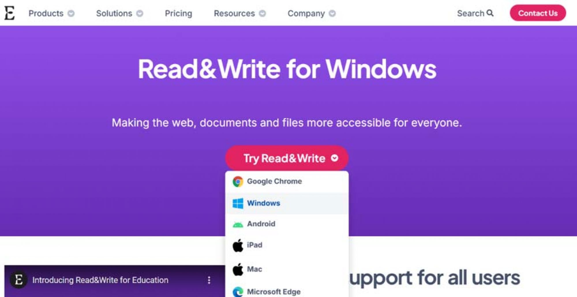 An image of a webpage with a purple background displaying 'Read&Write for Windows' in white text. A red 'Try Read&Write' button with a dropdown menu lists platforms including Google Chrome, Windows, Android, iPad, Mac, and Microsoft Edge.