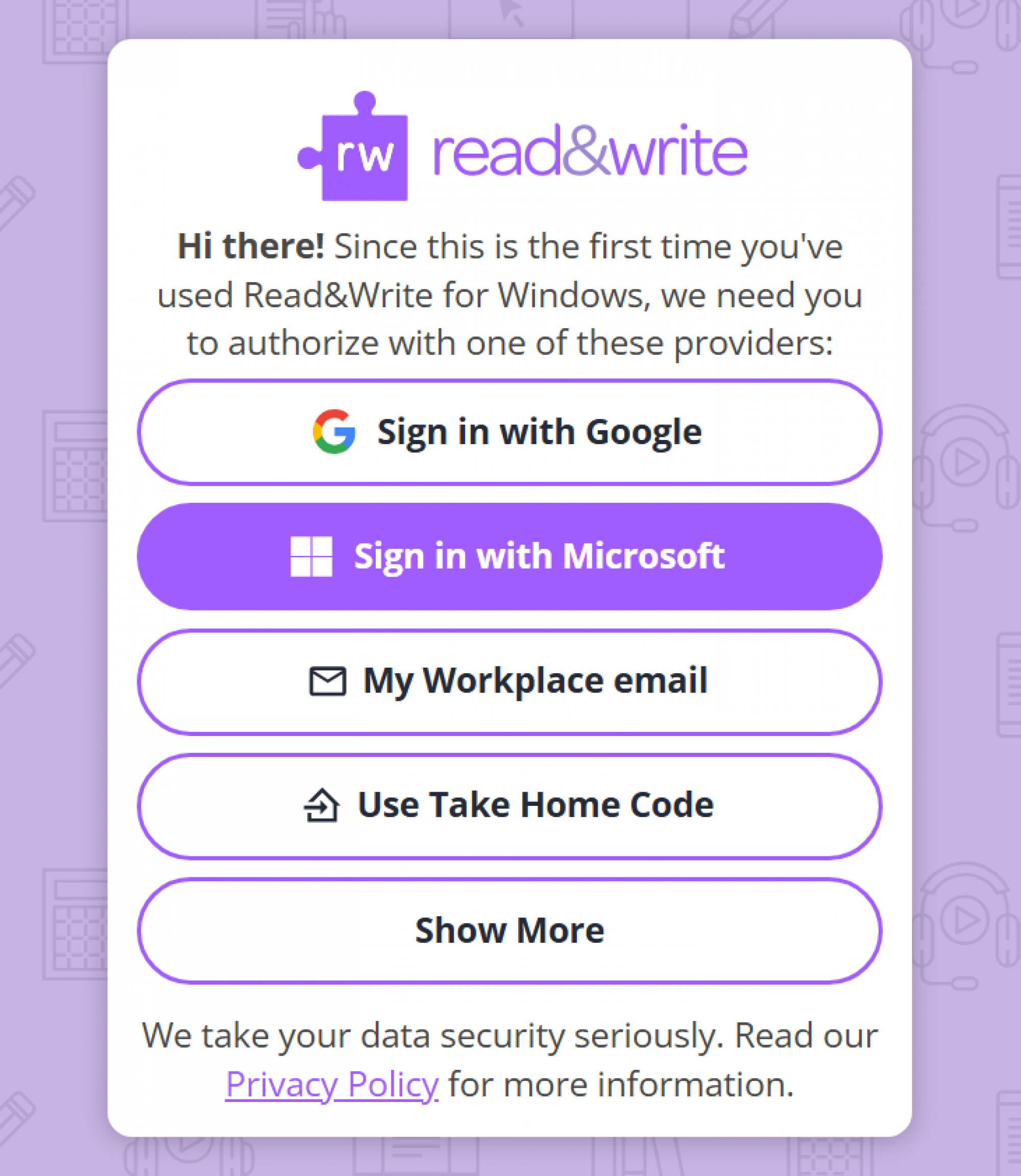 An image of the sign-in screen for Read&Write for Windows with options to sign in using Google, Microsoft, Workplace email, or Take Home Code. The