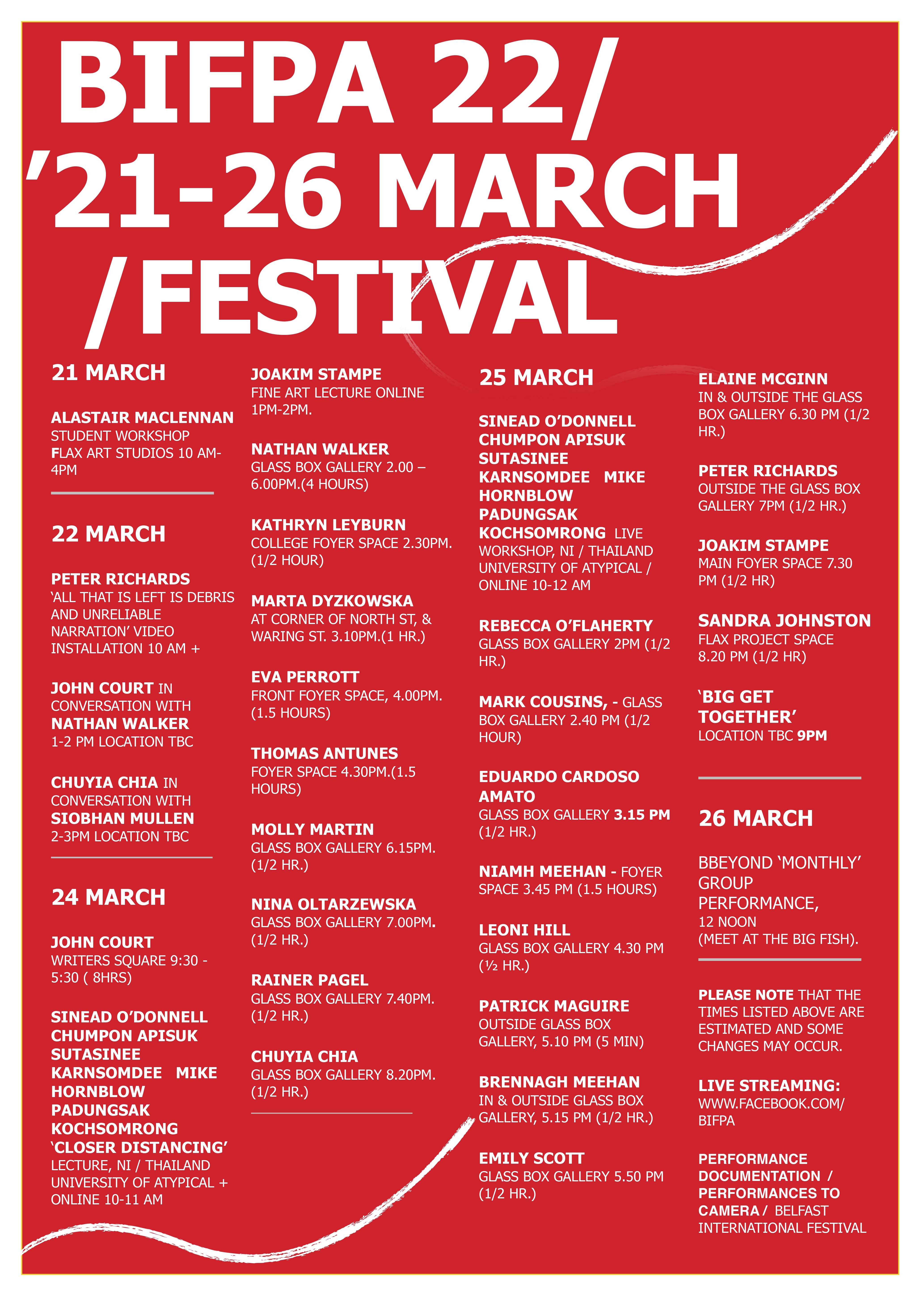 A schedule of performances at the Belfast International Festival of Performance Art 2022