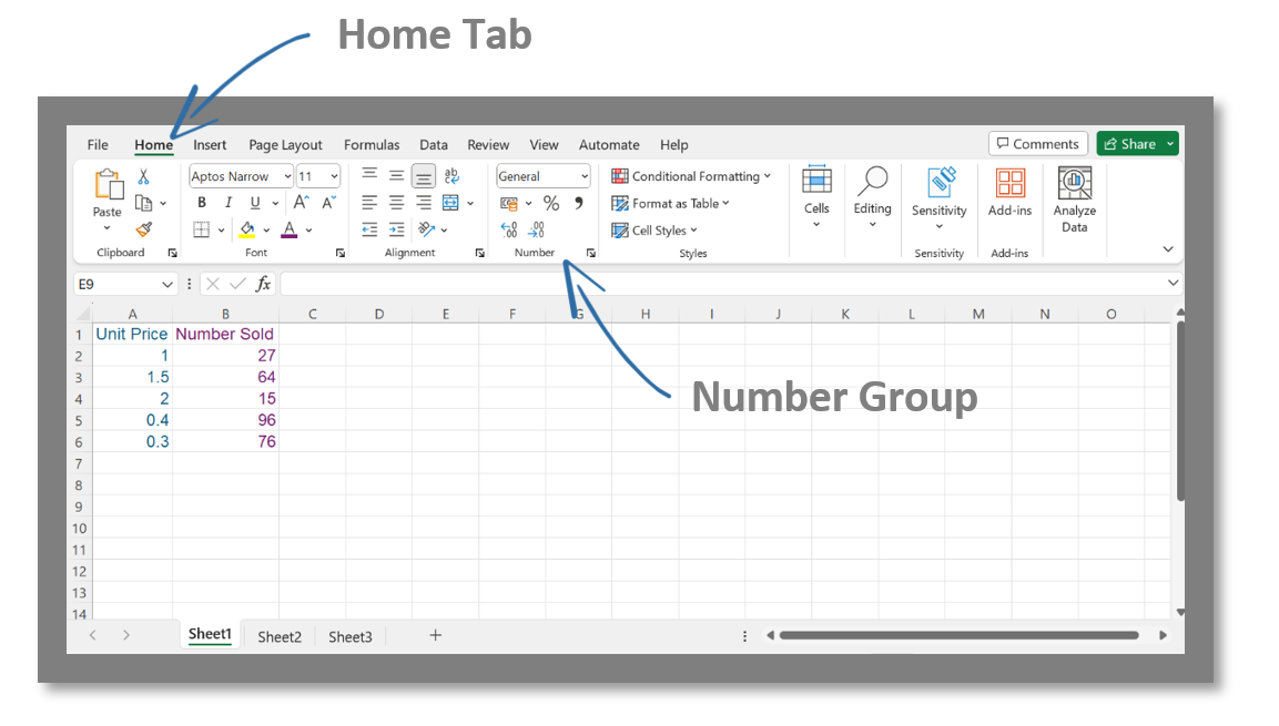 A screenshot from Microsoft Excel showing the 'Ribbon', the 'Home Tab' and the 'Number' group.