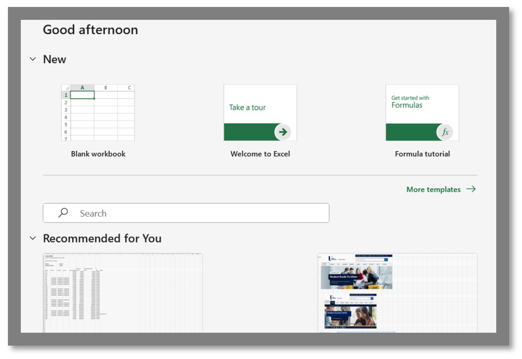 Microsoft Excel screenshot showing the option to start a 'Blank Workbook'.