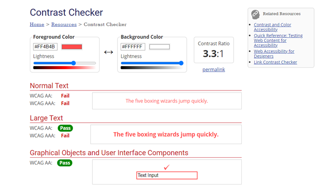 WebAIM contrast checker report advising if Normal Text, Large Text, Graphical Objects and User Interface Components meet WCAG contrast criteria.