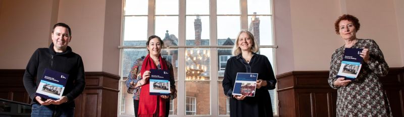 Members of the Museums, Crisis and Covid-19 team with copies of the briefing documents (L-R: Dr Philip McDermott; Roisin Doherty; Prof Elizabeth Crooke; Dr Breda Friel)