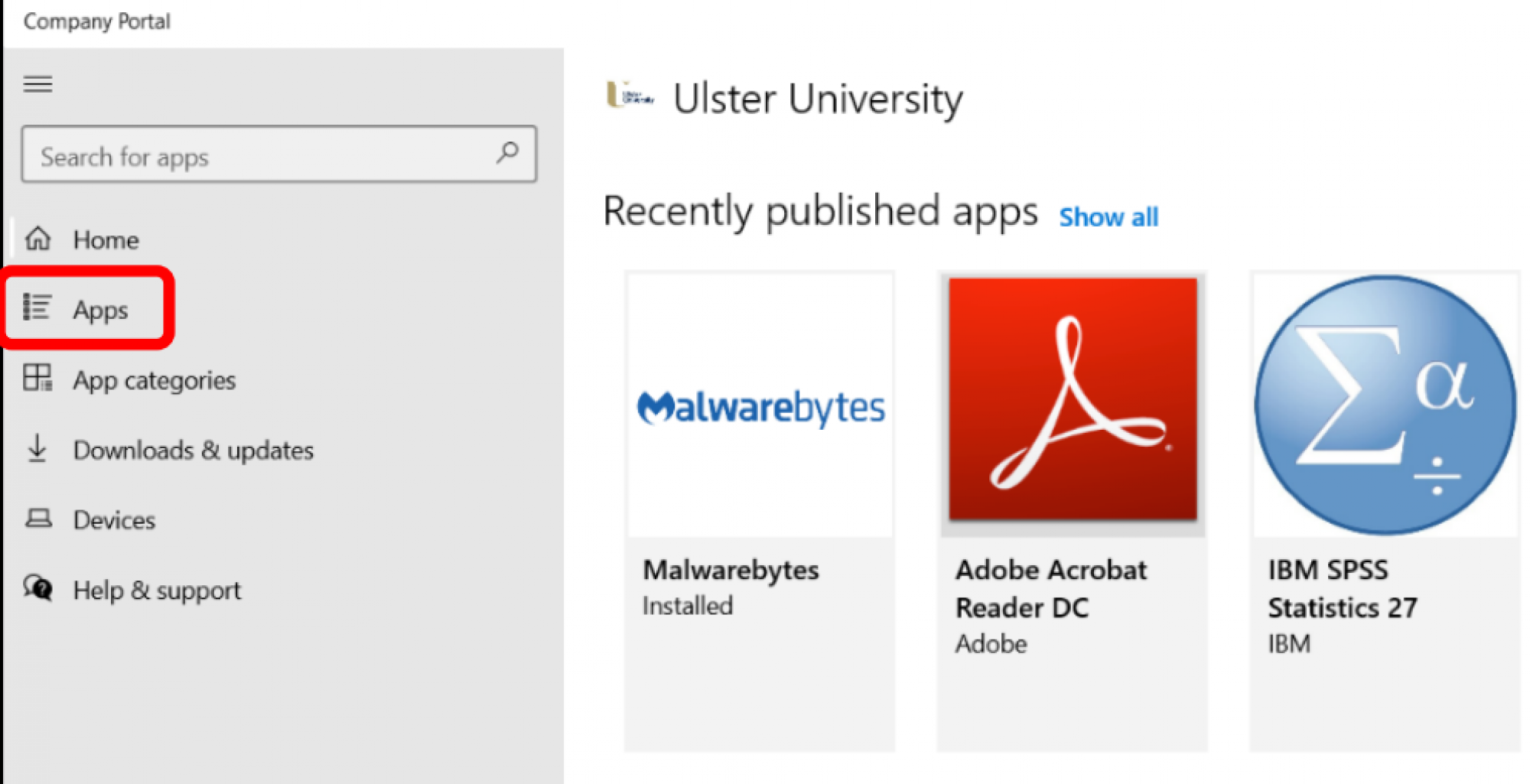 Screenshot image showing selection of the Apps menu option on Company Portal app, and then scrolling down the page and clicking on the icon of the software you wish to download.